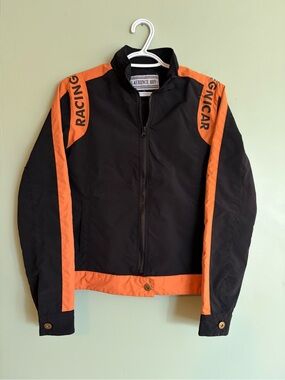 90s Laurence Roy Moto Racing Jacket Womens S Black Orange Windbreaker Y2K VTG
